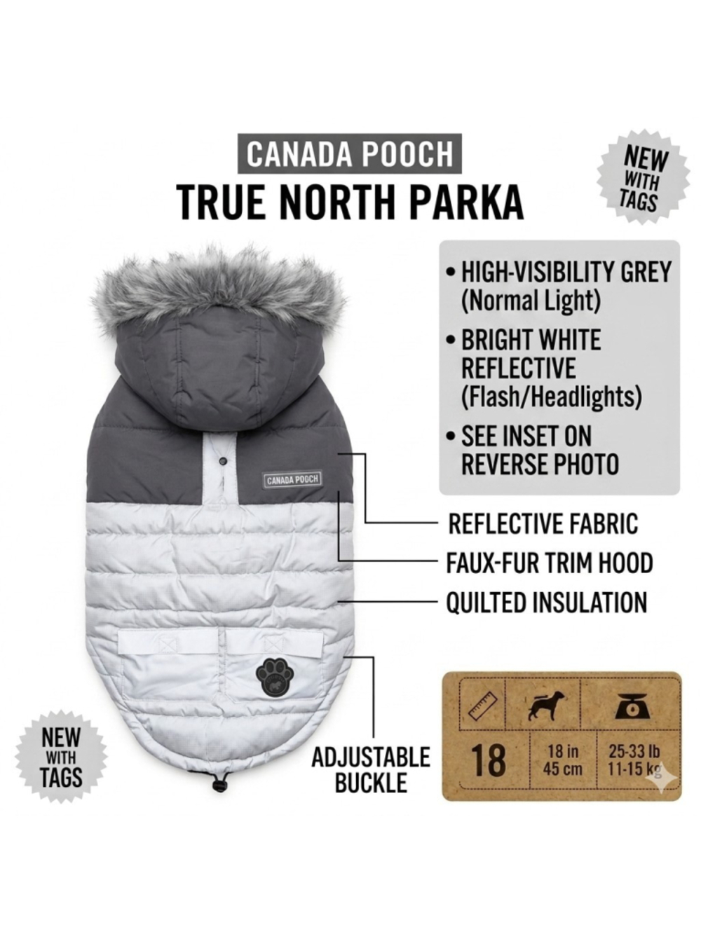 Canada Pooch True North Parka Dog Coat Jacket Sz 18 Reflective Silver Black NWT